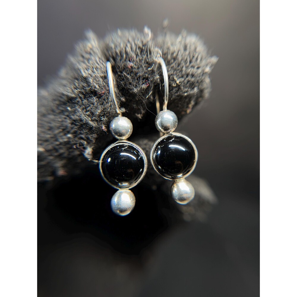 Sterling Silver Black Onyx Cabochon Dangle Earrings 925 Minimalist Drop